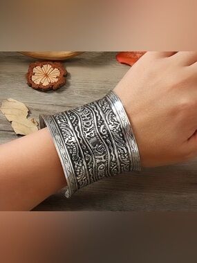 Bohemian Bracelet Wide Ornate Silver-Tone Cuff Bracelet Western Bracelet Cowgirl